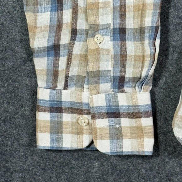 Todd Snyder Mens LS Button Shirt 100% Linen Blue Brown White Check Sz Large Lux - Picture 5 of 12